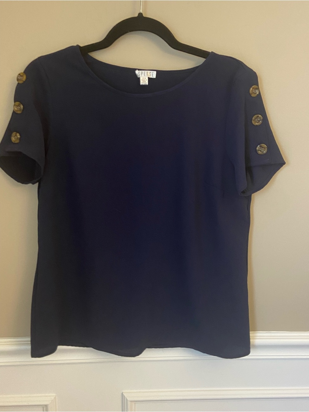 Spense Navy Blouse with‎ Button Sleeve Detail Medium, Office, Casual Beach Pics